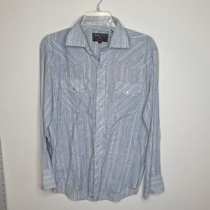 Striped Blue Shirt Pearlsnap By BORDER TOWN Western Wear, Cowboy Vintage 80's